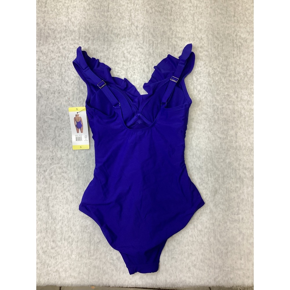 DKNY Womens Royal Blue Ruffle V-Neck Ruched One Piece Swimsuit Size S 1943727 - Picture 4 of 5